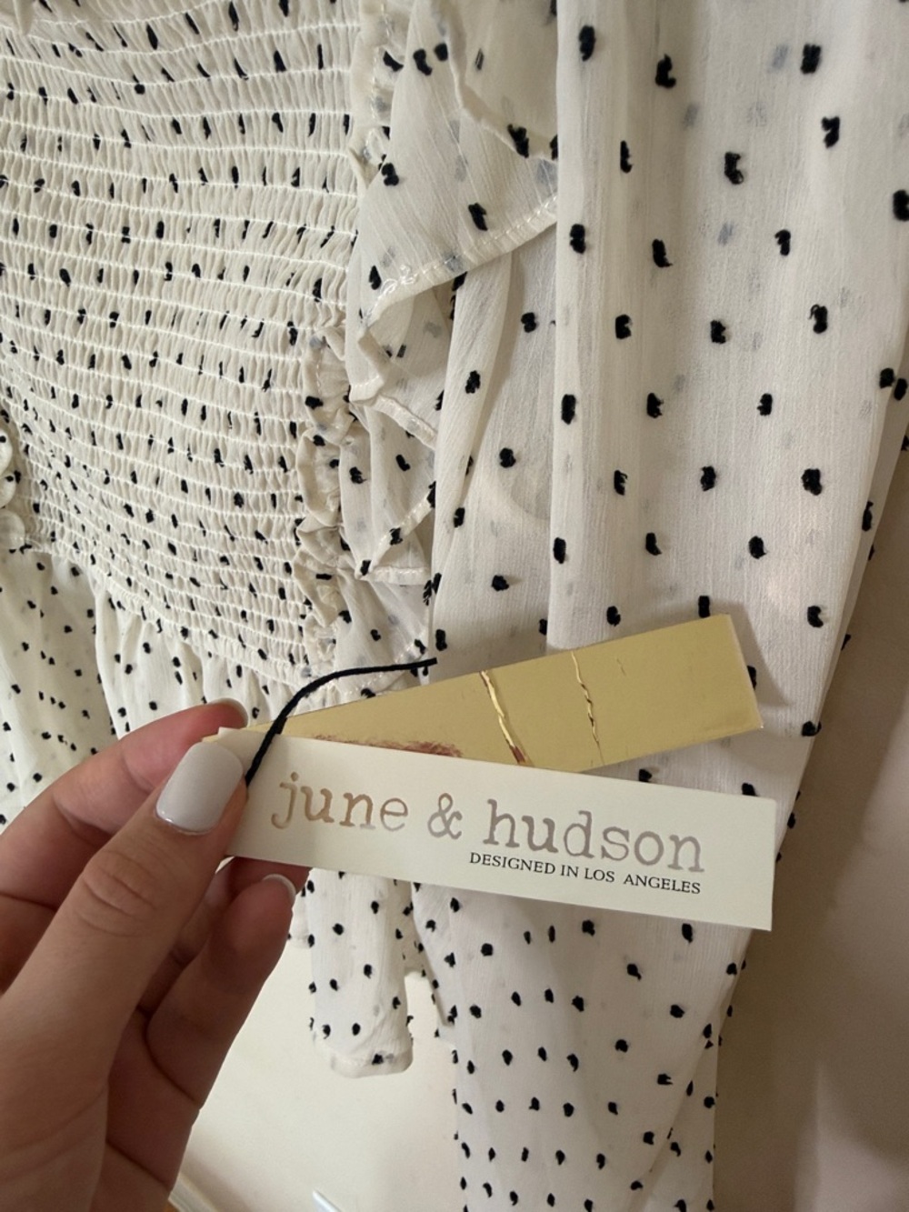 june & hudson White Smocked Peplum Blouse with Black Dot Print Plus size 1X - Picture 4 of 13